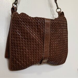 Brown Genuine Leather Woven Crossbody Satchel Bag